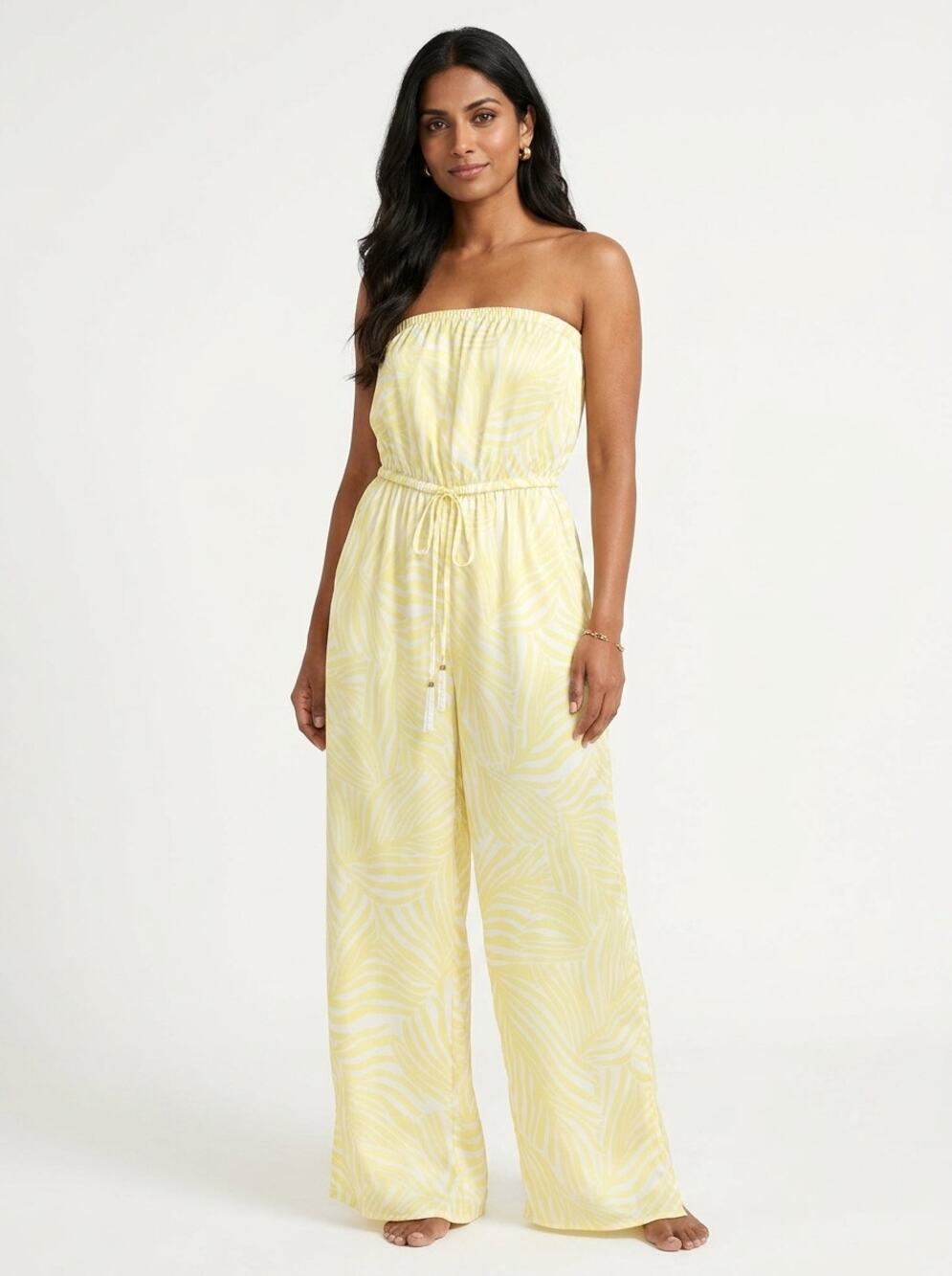 True Destinations Yellow Striped Strapless Wide Leg Jumpsuit Women Size L